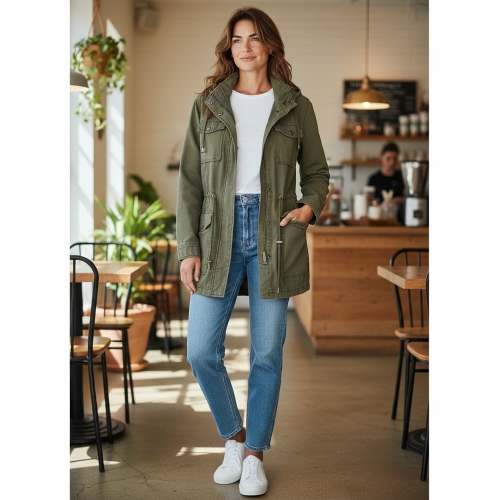 Abercrombie & Fitch Womens Olive Green Hooded Utility Field Jacket Fall S